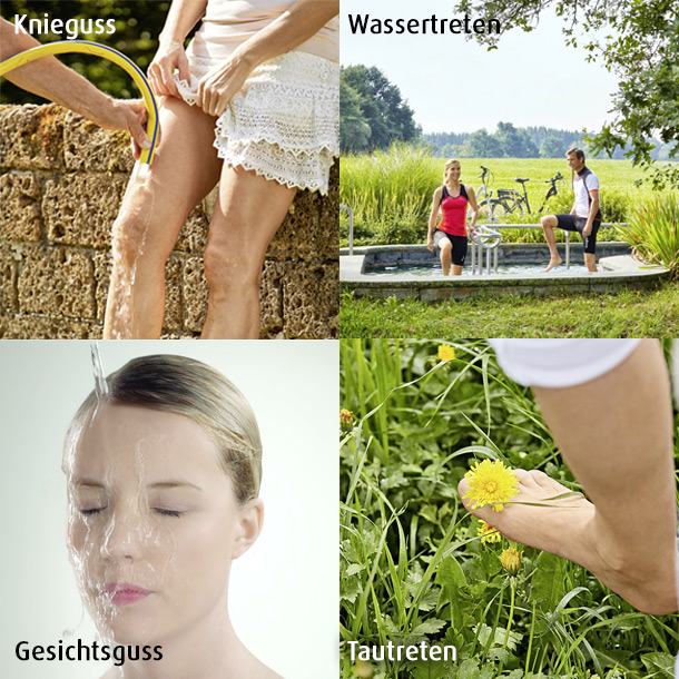 Kneipp-Anwendungen: Knieguss, Wassertreten, Gesichtsguss und Tautreten (Fotos: Kur- und Tourismusbetrieb Bad Wörishofen, F1online.de) verschiedene Kneippanwendungen